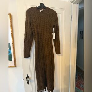 Hyacinth House | NEW Brown Freya Fringe Crewneck Sweater Midi Dress Size S